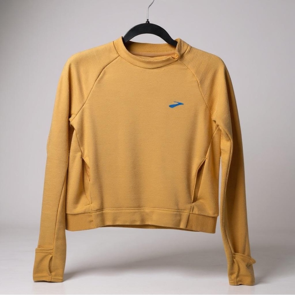Brooks Mustard Yellow Long-Sleeve Performance Top with Blue Logo